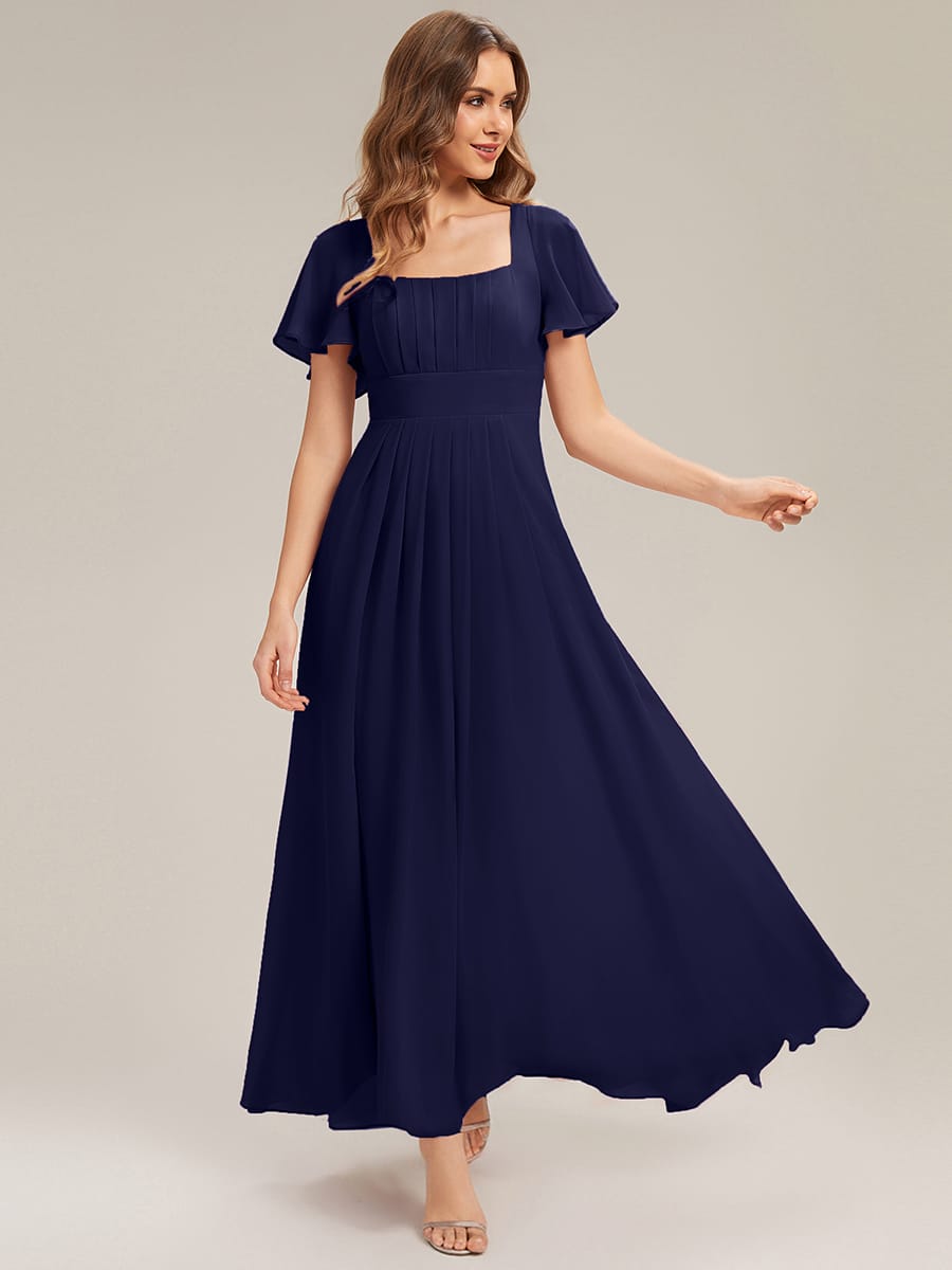 Ruched Chiffon Ruffle Sleeve Dress #color_Navy Blue