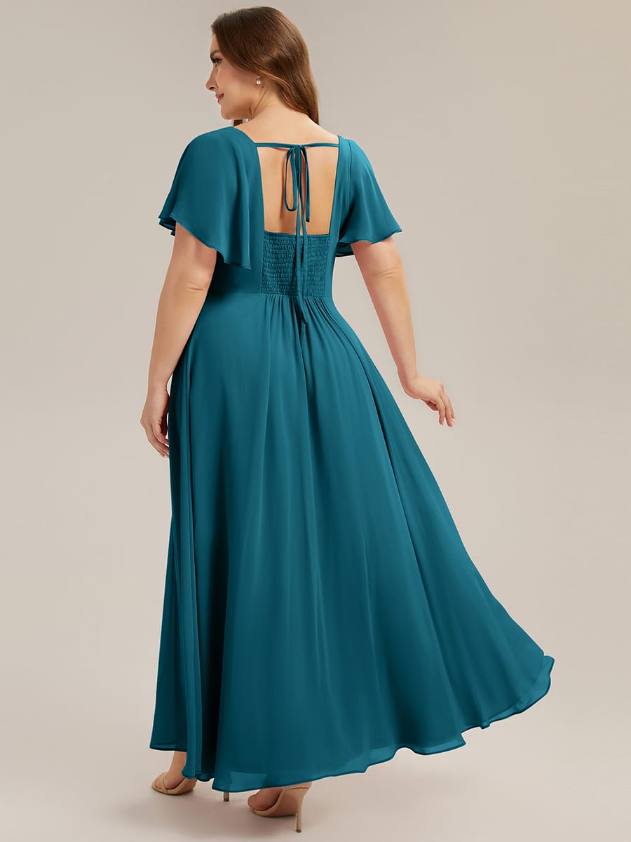 Ruched Chiffon Ruffle Sleeve Dress #color_Teal Blue