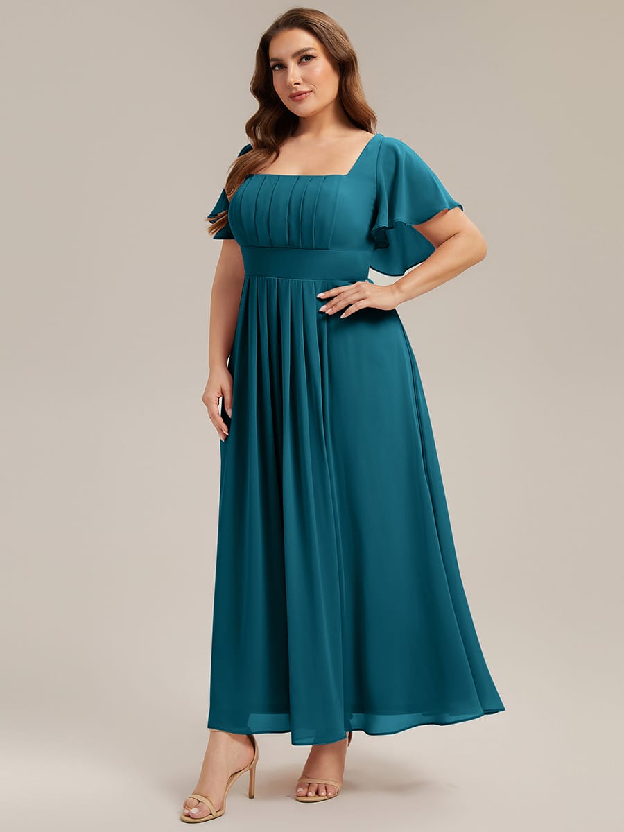 Ruched Chiffon Ruffle Sleeve Dress #color_Teal Blue