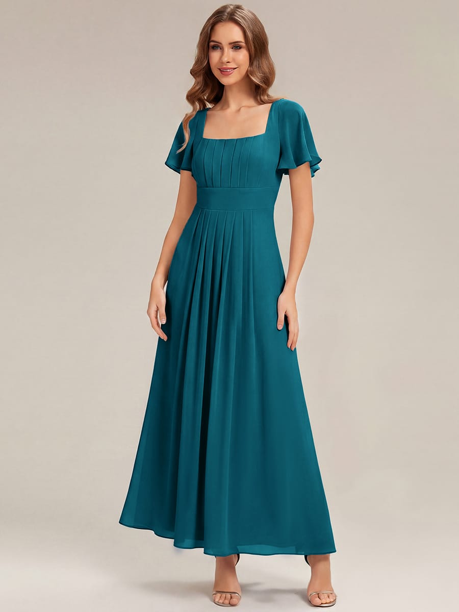 Ruched Chiffon Ruffle Sleeve Dress #color_Teal Blue