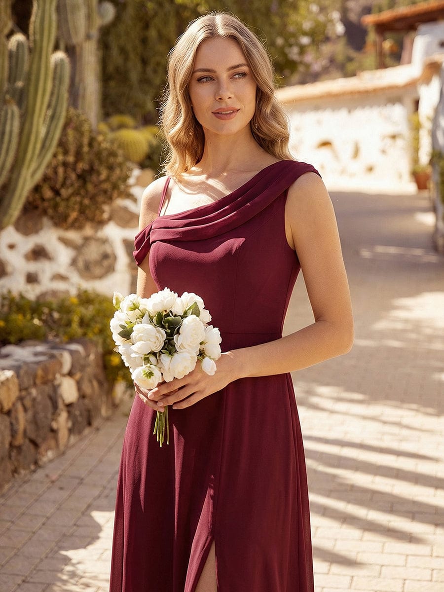Rhinestone Embellished Chiffon Sleeveless Dress #color_Burgundy