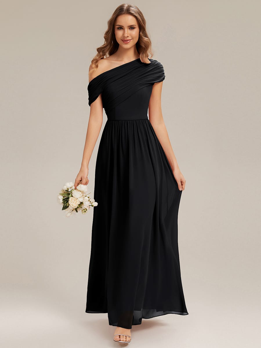 Gathered Chiffon Off the Shoulder Dress #color_Black