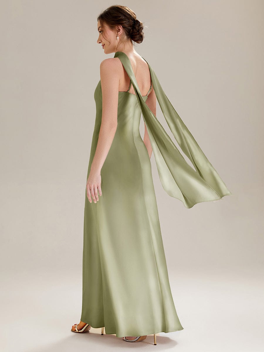 Flowing Ribbons Satin Sleeveless Dress #color_Sage Green