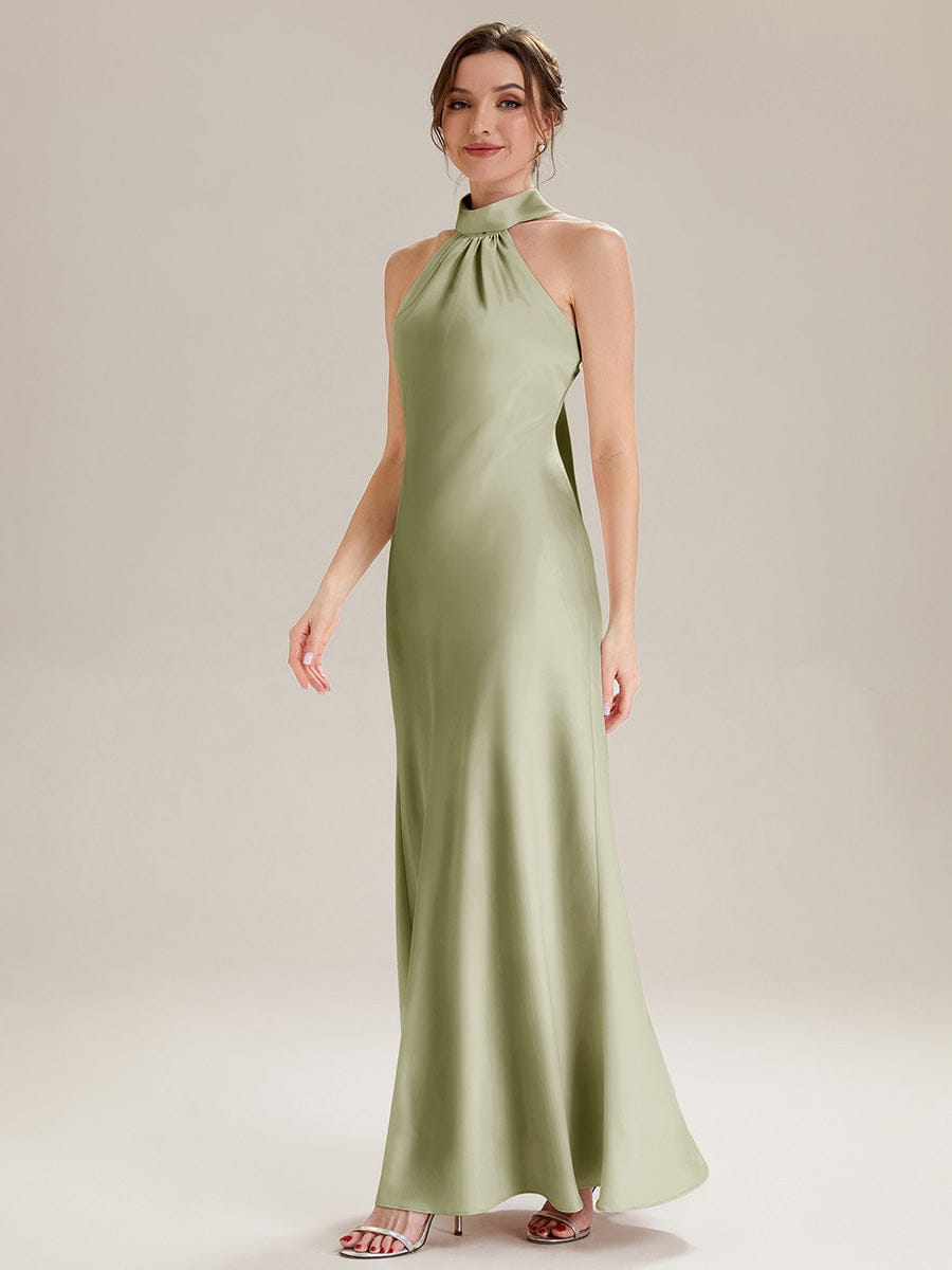 Flowing Ribbons Satin Sleeveless Dress #color_Sage Green