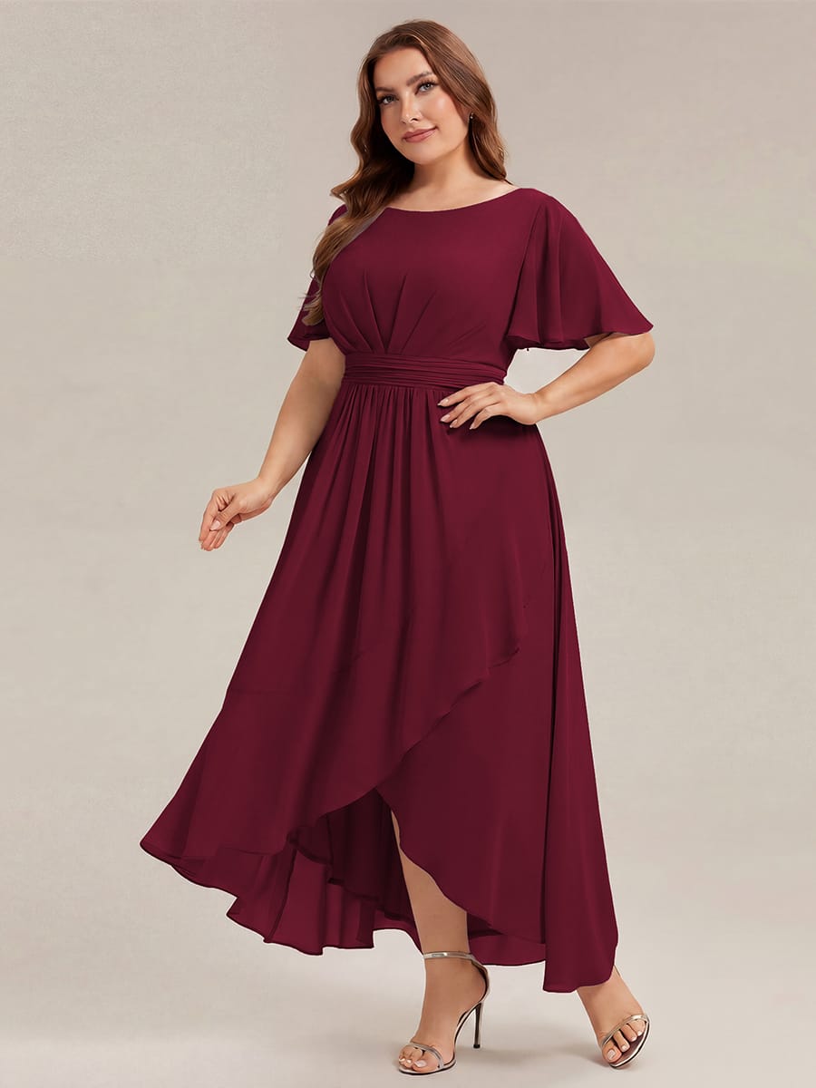 Ruched Chiffon Ruffle Sleeve Dress #color_Burgundy
