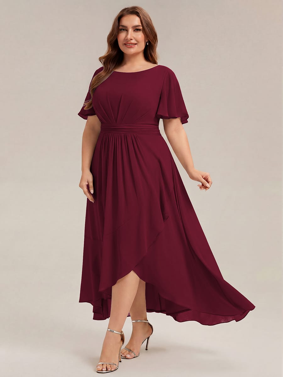 Ruched Chiffon Ruffle Sleeve Dress #color_Burgundy