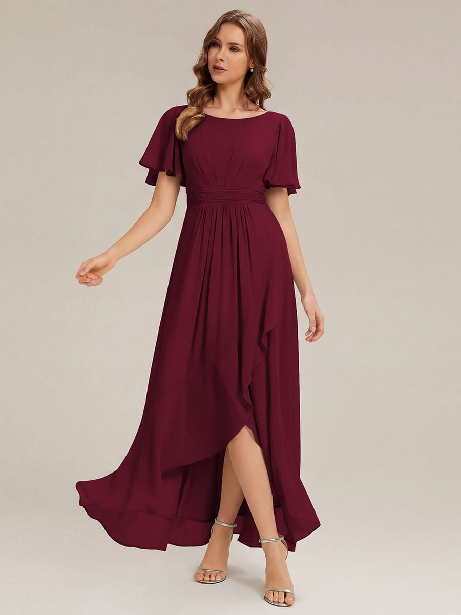 Ruched Chiffon Ruffle Sleeve Dress #color_Burgundy