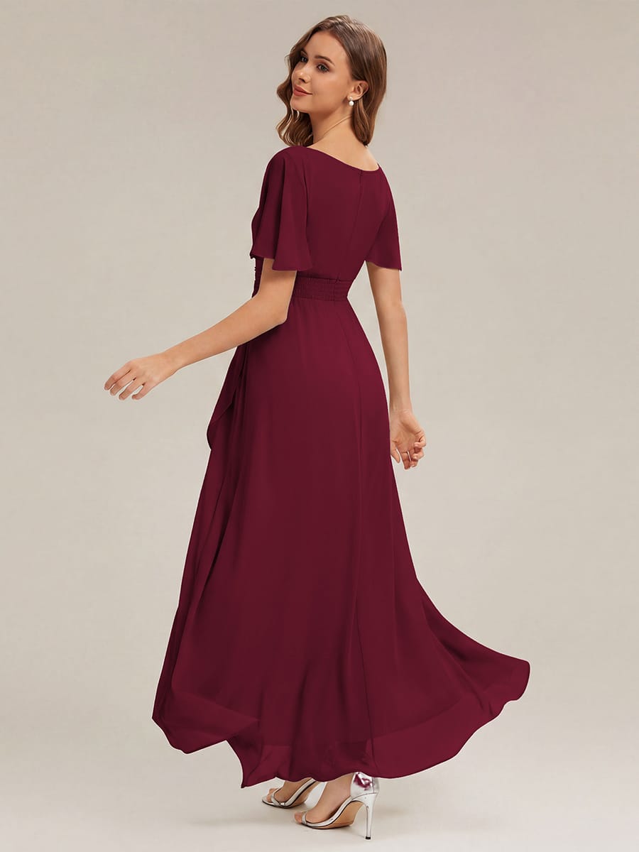 Ruched Chiffon Ruffle Sleeve Dress #color_Burgundy