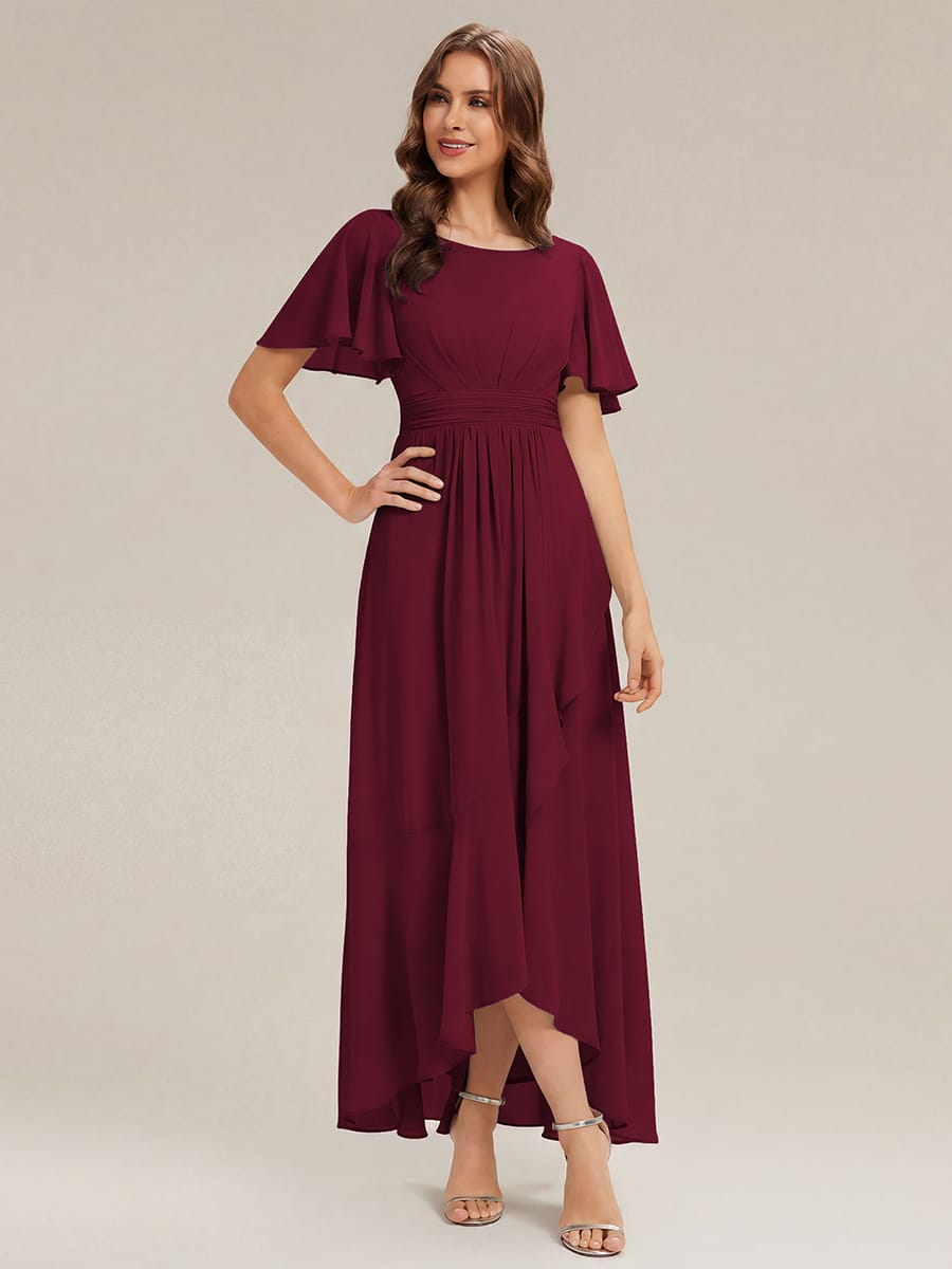 Ruched Chiffon Ruffle Sleeve Dress #color_Burgundy