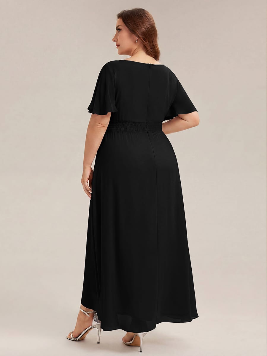 Ruched Chiffon Ruffle Sleeve Dress #color_Black