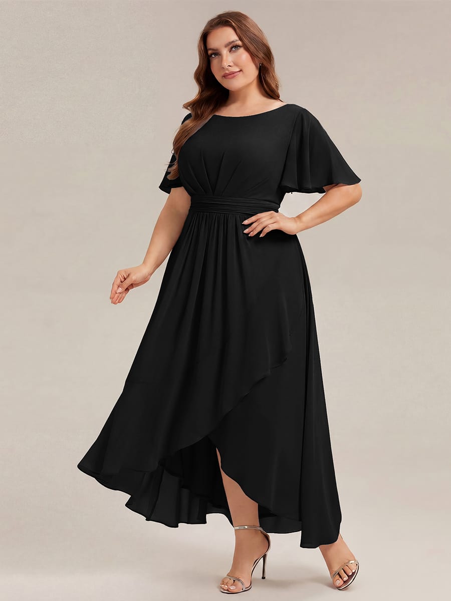 Ruched Chiffon Ruffle Sleeve Dress #color_Black