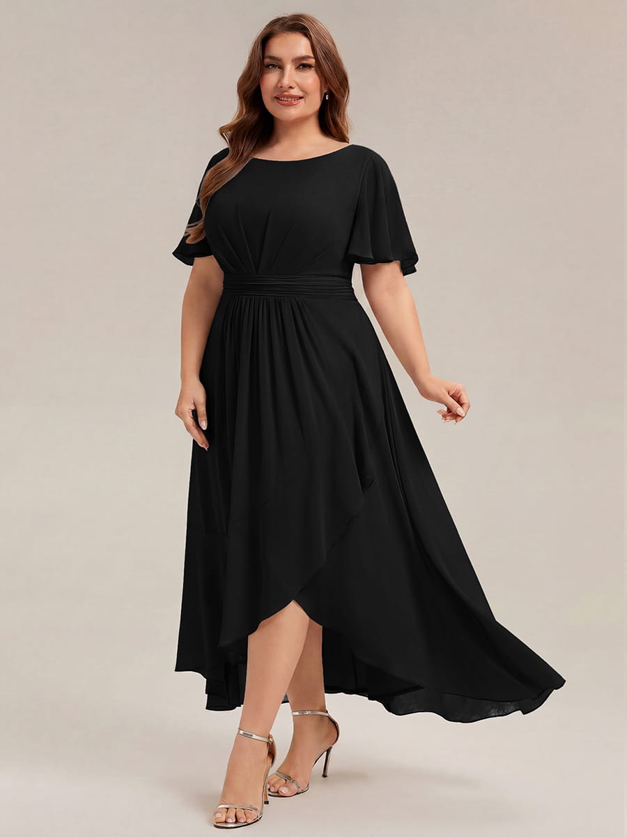 Ruched Chiffon Ruffle Sleeve Dress #color_Black