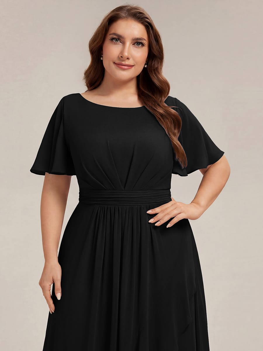 Ruched Chiffon Ruffle Sleeve Dress #color_Black