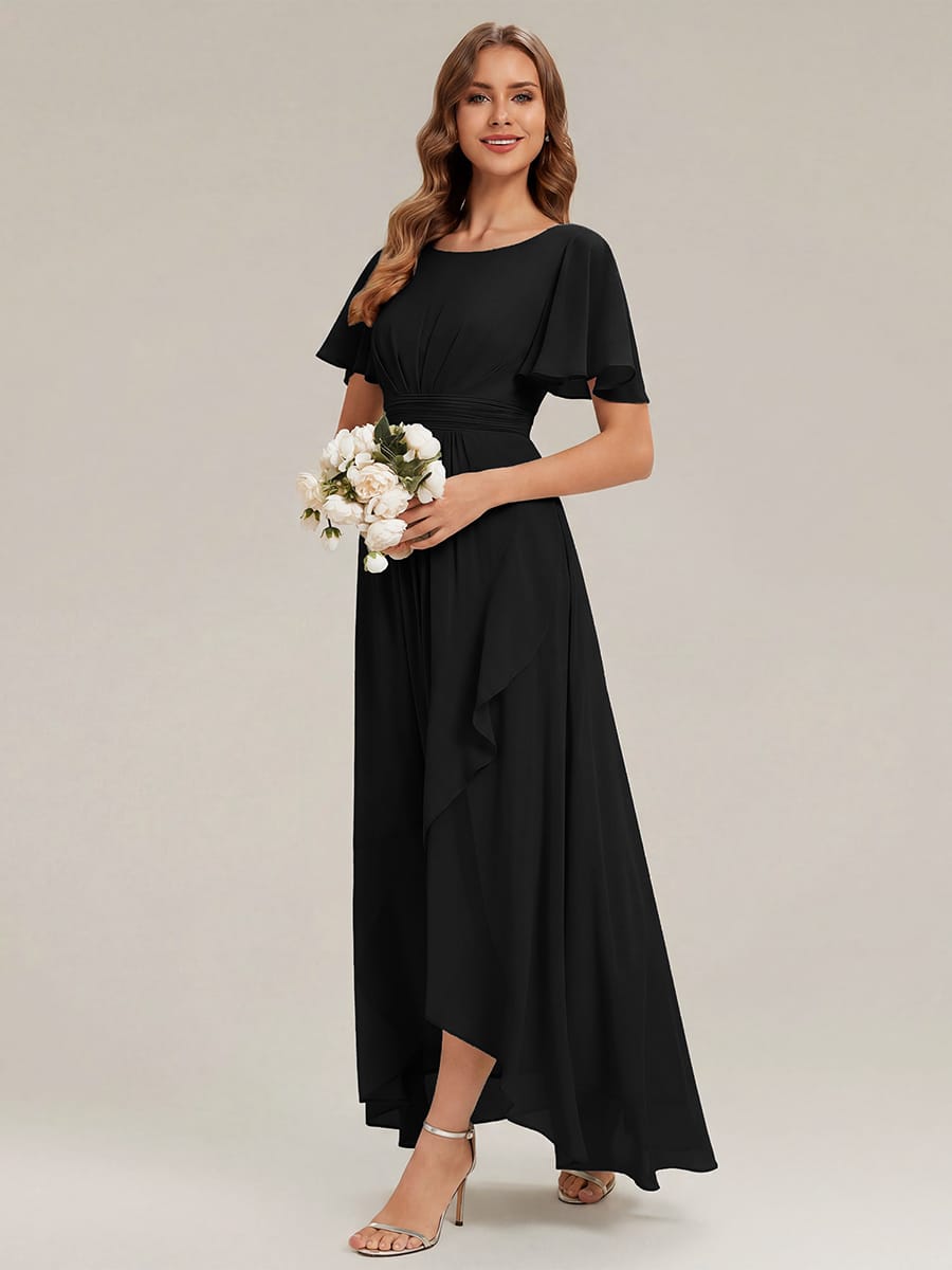 Ruched Chiffon Ruffle Sleeve Dress #color_Black