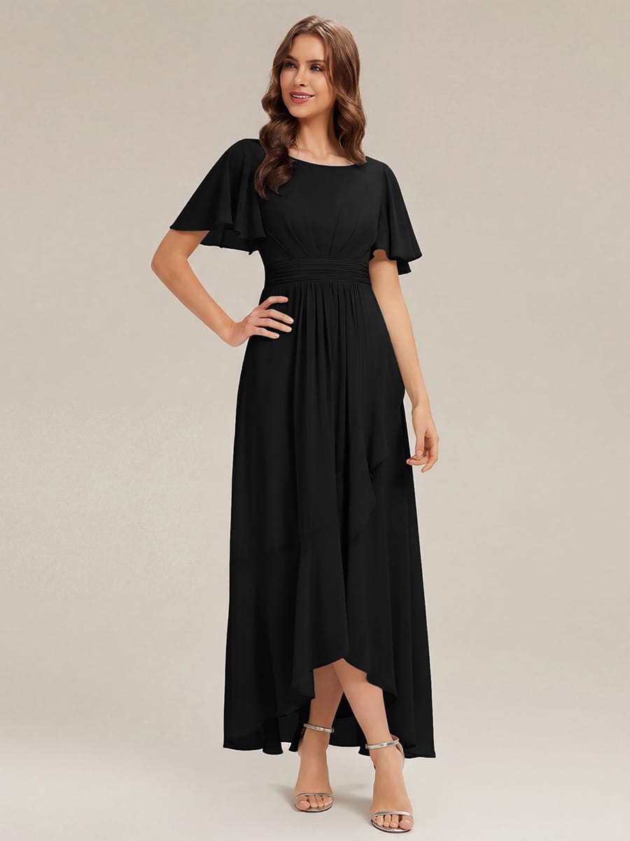 Ruched Chiffon Ruffle Sleeve Dress #color_Black