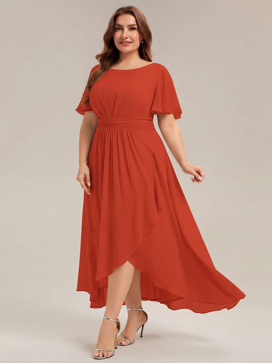 Ruched Chiffon Ruffle Sleeve Dress #color_Burnt Orange