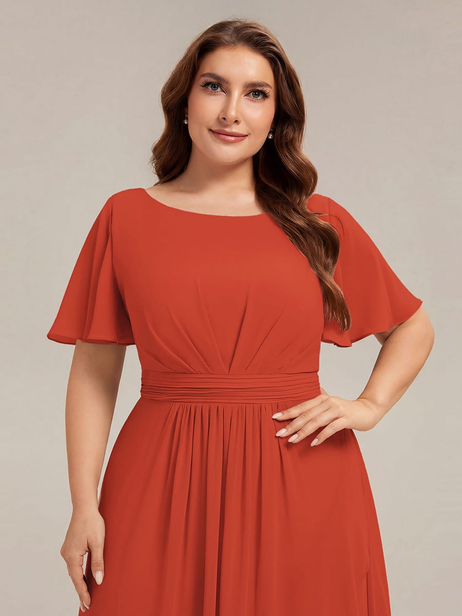 Ruched Chiffon Ruffle Sleeve Dress #color_Burnt Orange