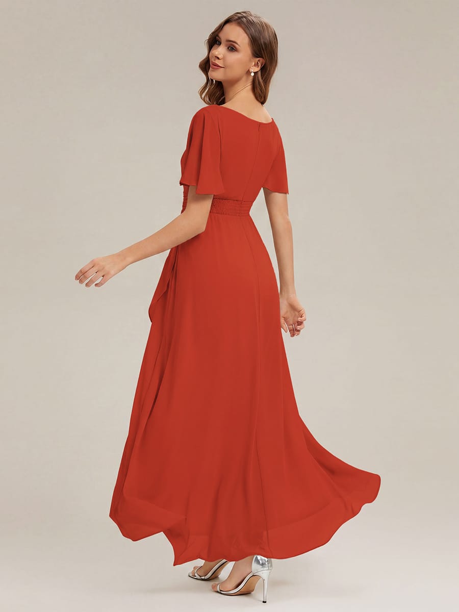Ruched Chiffon Ruffle Sleeve Dress #color_Burnt Orange