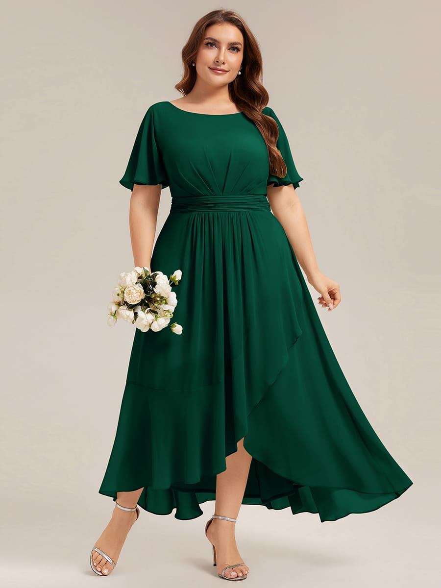 Ruched Chiffon Ruffle Sleeve Dress #color_Dark Green