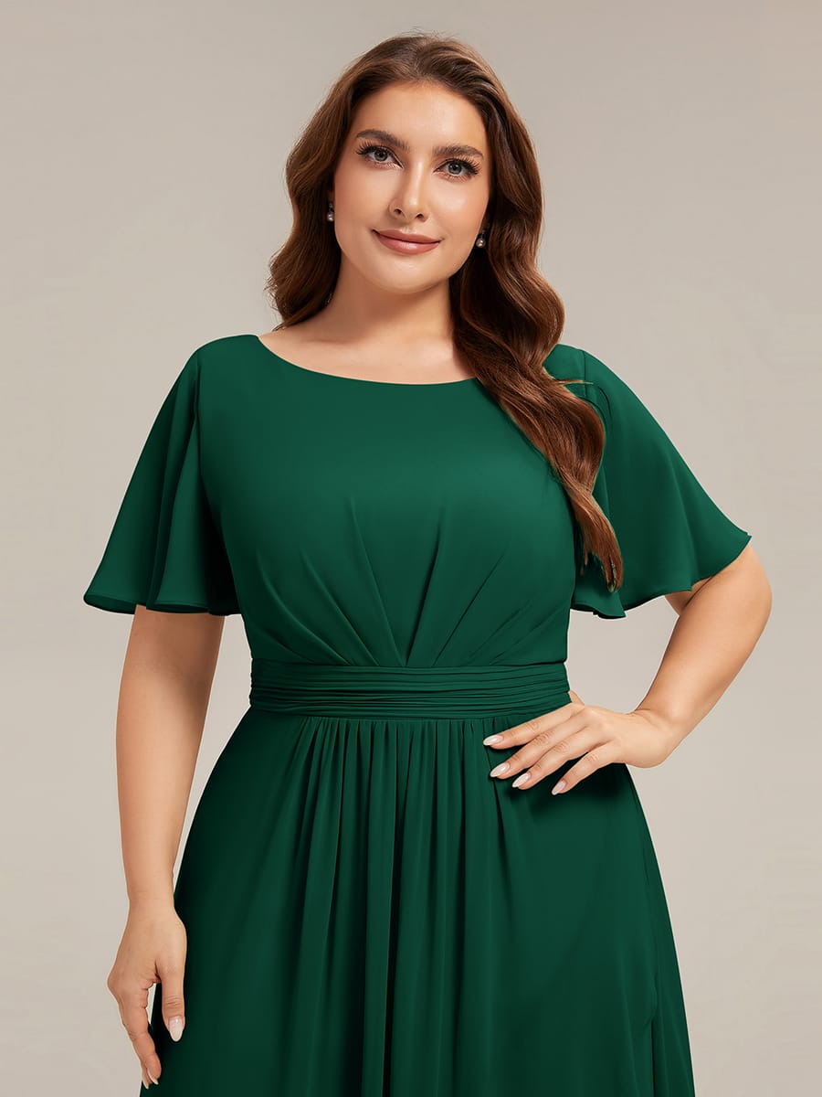 Ruched Chiffon Ruffle Sleeve Dress #color_Dark Green