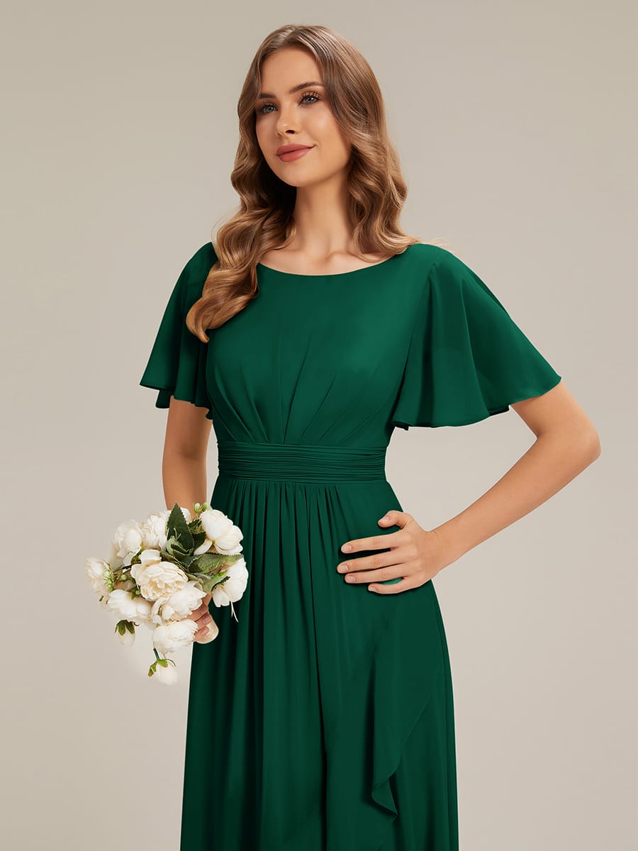 Ruched Chiffon Ruffle Sleeve Dress #color_Dark Green