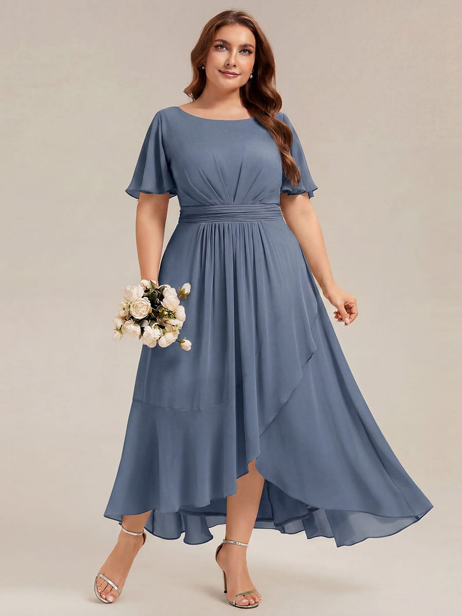 Ruched Chiffon Ruffle Sleeve Dress #color_Dusty Blue