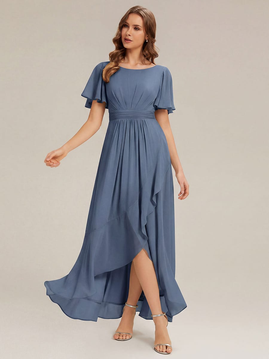 Ruched Chiffon Ruffle Sleeve Dress #color_Dusty Blue