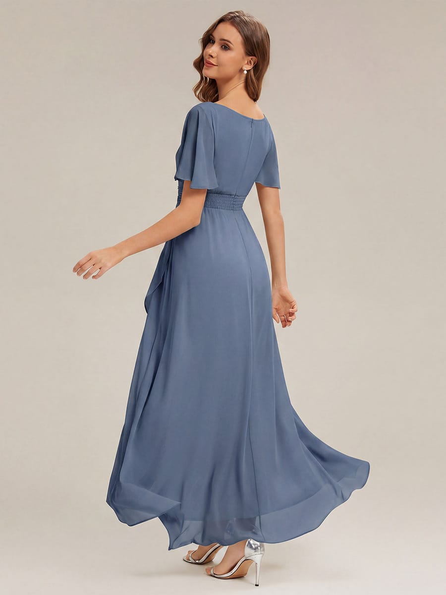 Ruched Chiffon Ruffle Sleeve Dress #color_Dusty Blue