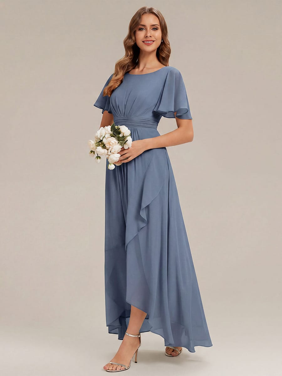 Ruched Chiffon Ruffle Sleeve Dress #color_Dusty Blue