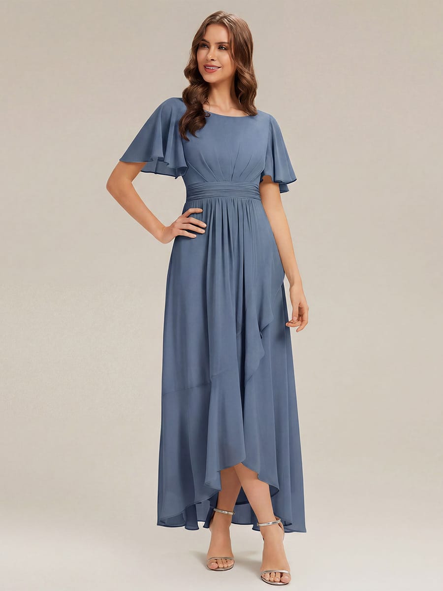 Ruched Chiffon Ruffle Sleeve Dress #color_Dusty Blue