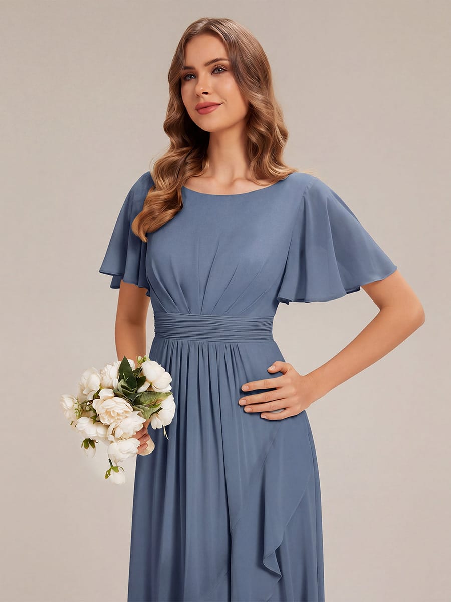Ruched Chiffon Ruffle Sleeve Dress #color_Dusty Blue
