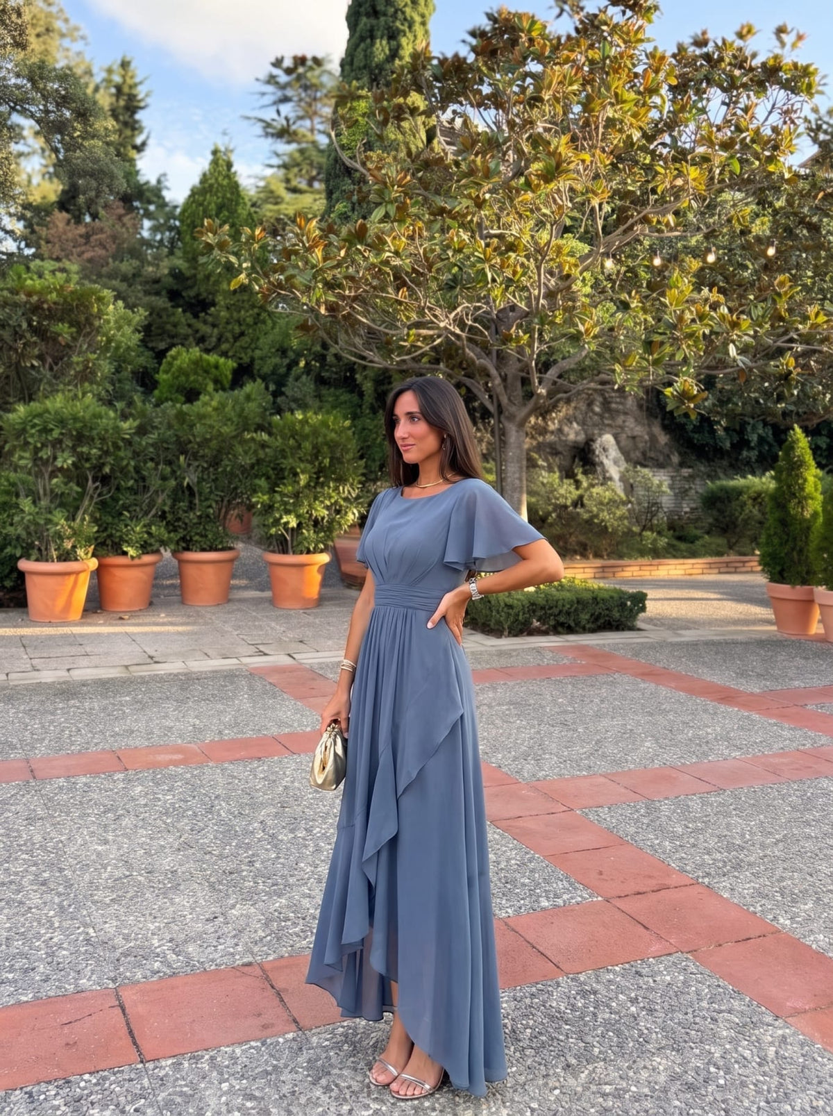 Ruched Chiffon Ruffle Sleeve Dress #color_Dusty Blue