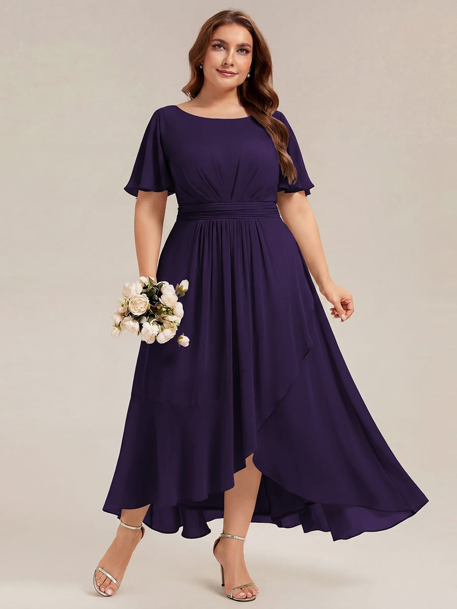 Ruched Chiffon Ruffle Sleeve Dress #color_Dark Purple