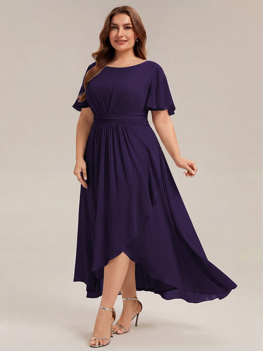 Ruched Chiffon Ruffle Sleeve Dress #color_Dark Purple