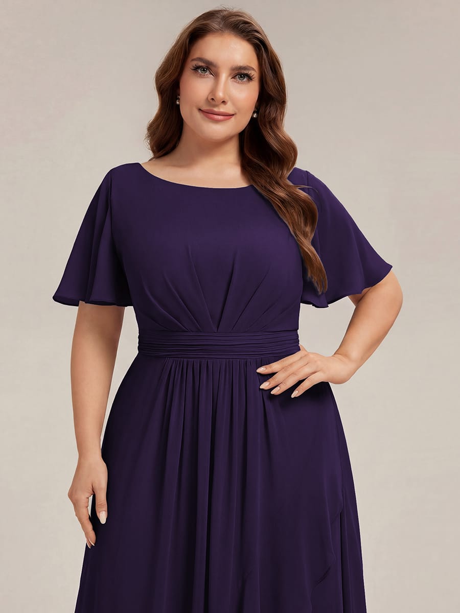 Ruched Chiffon Ruffle Sleeve Dress #color_Dark Purple