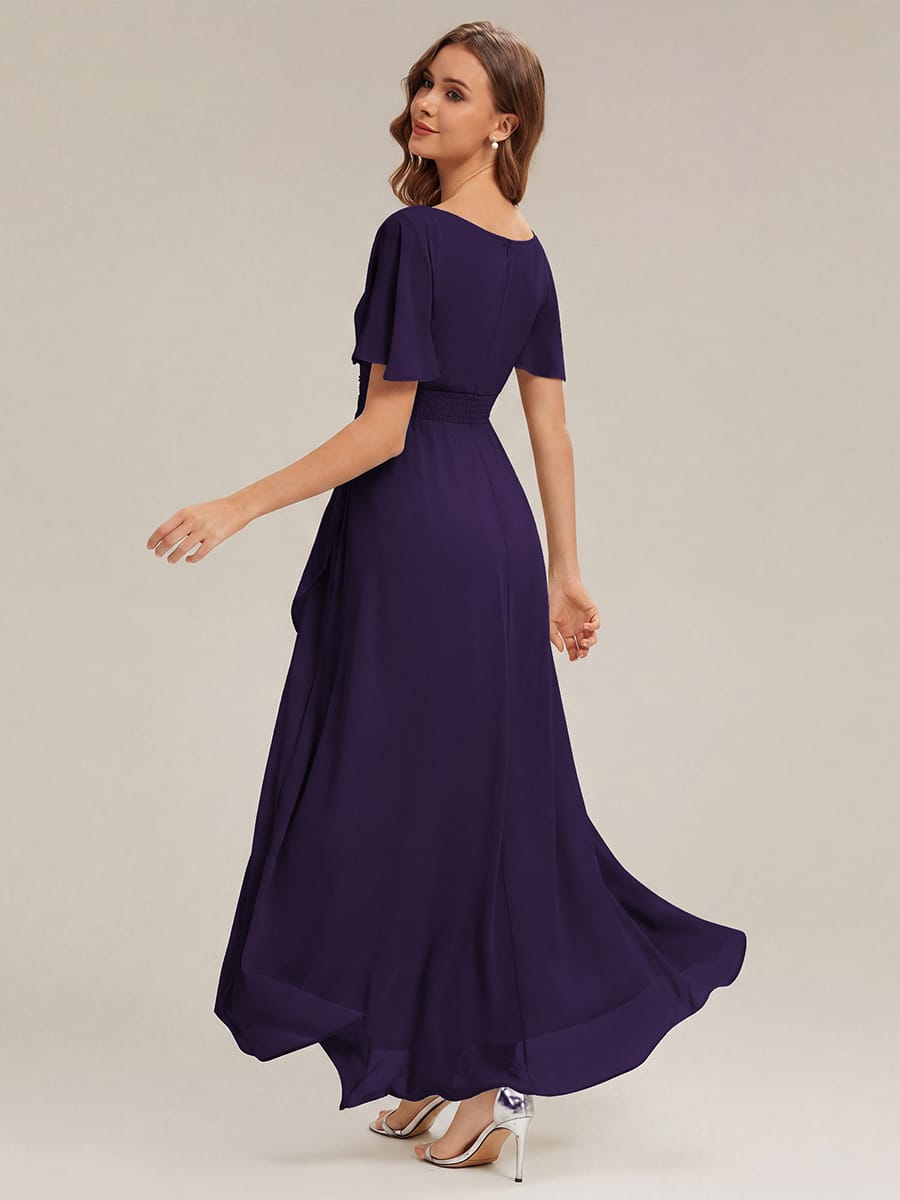 Ruched Chiffon Ruffle Sleeve Dress #color_Dark Purple