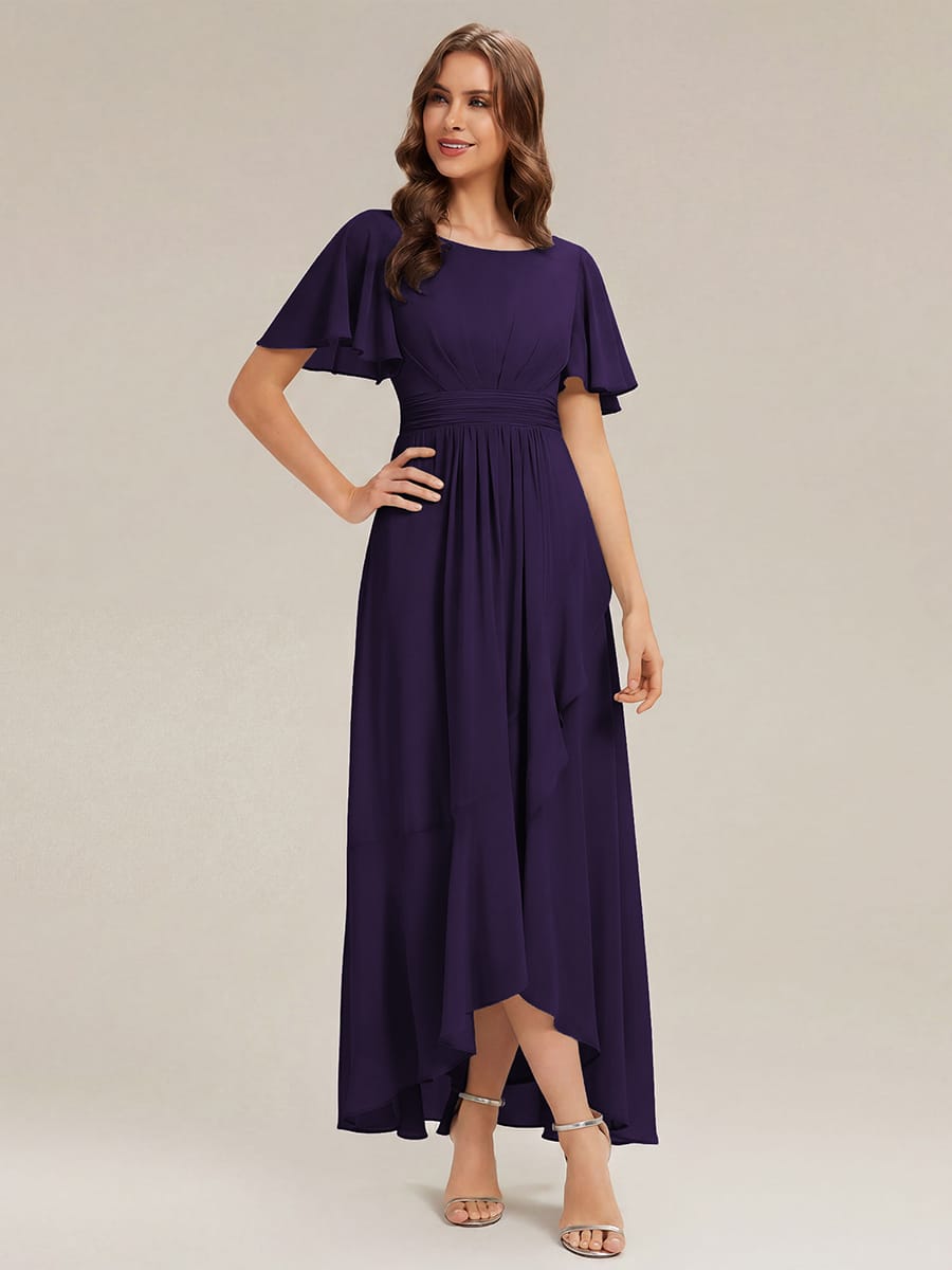 Ruched Chiffon Ruffle Sleeve Dress #color_Dark Purple