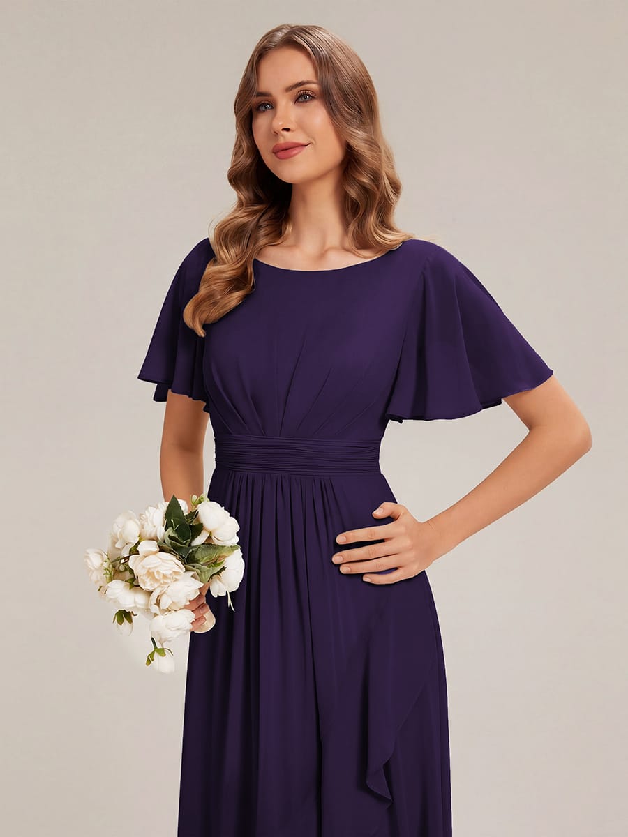 Ruched Chiffon Ruffle Sleeve Dress #color_Dark Purple