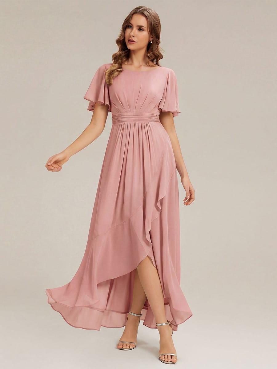 Ruched Chiffon Ruffle Sleeve Dress #color_Dusty Rose