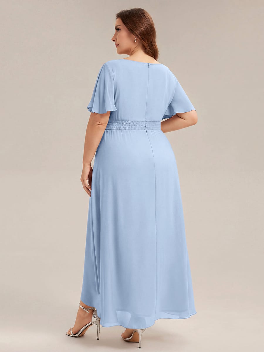 Ruched Chiffon Ruffle Sleeve Dress #color_Ice Blue