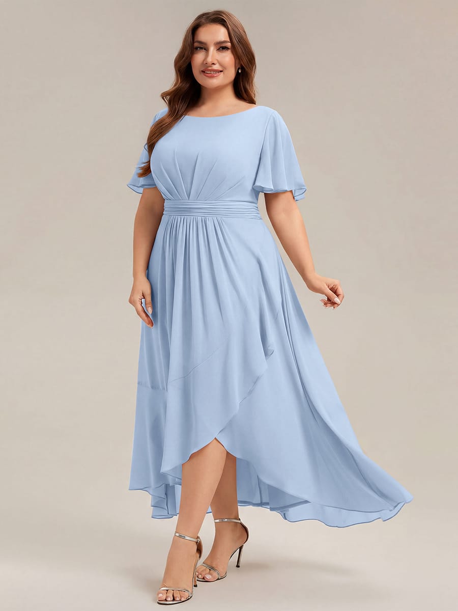 Ruched Chiffon Ruffle Sleeve Dress #color_Ice Blue