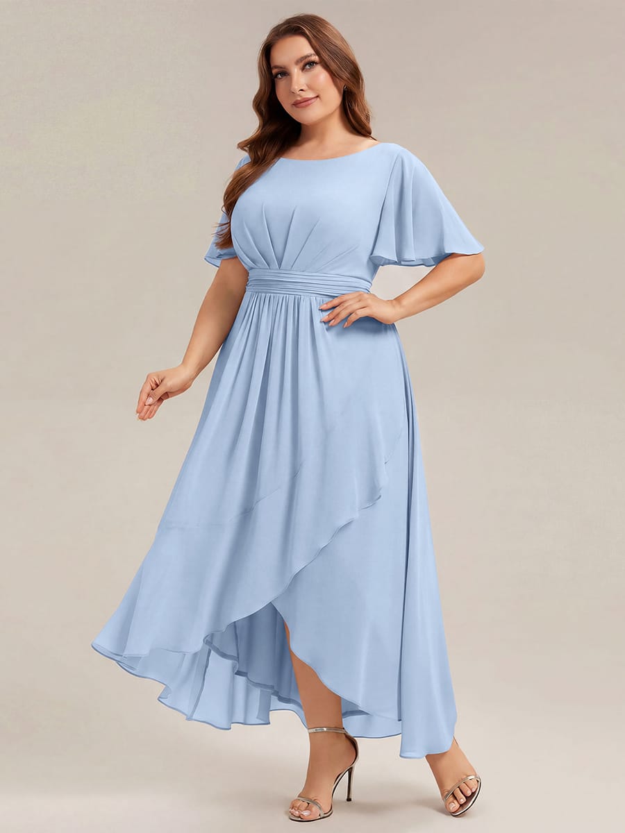 Ruched Chiffon Ruffle Sleeve Dress #color_Ice Blue