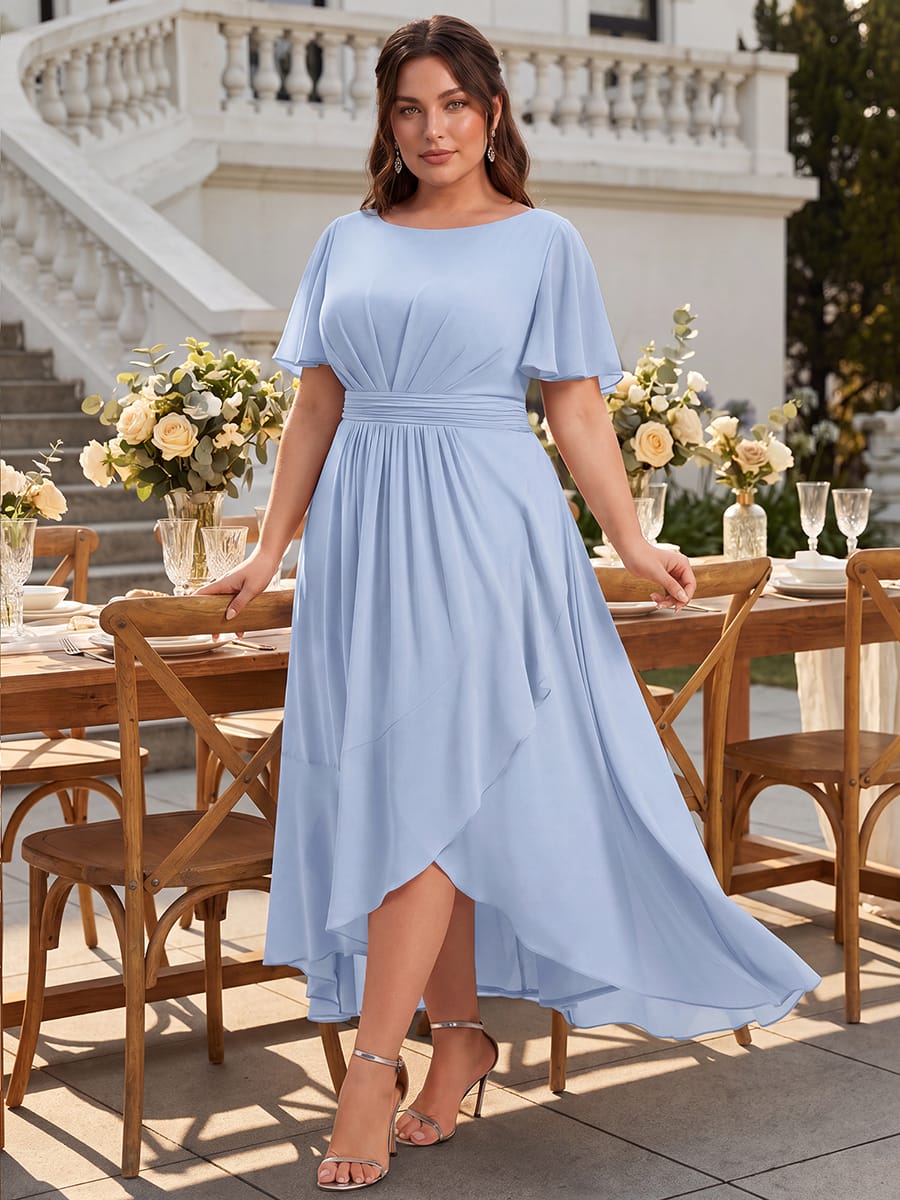 Ruched Chiffon Ruffle Sleeve Dress #color_Ice Blue