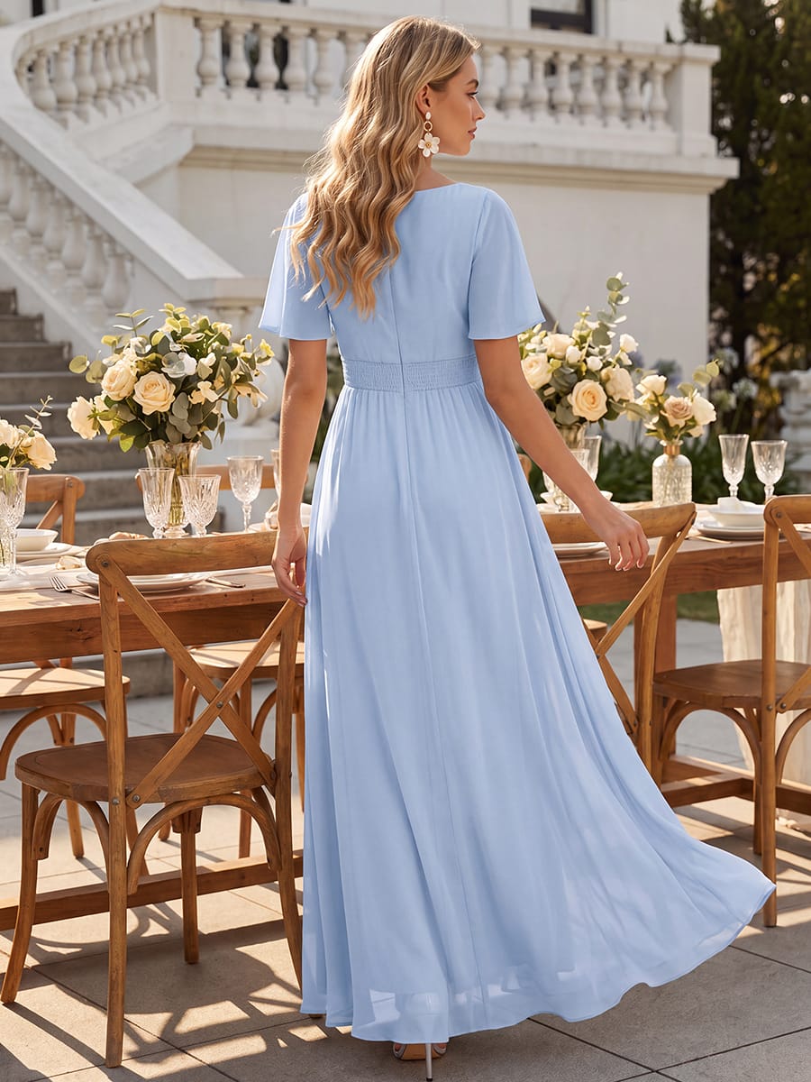 Ruched Chiffon Ruffle Sleeve Dress #color_Ice Blue