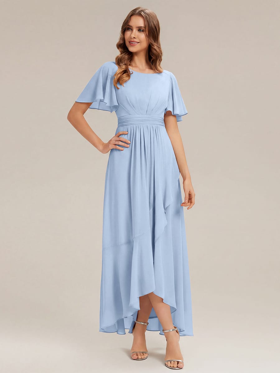 Ruched Chiffon Ruffle Sleeve Dress #color_Ice Blue
