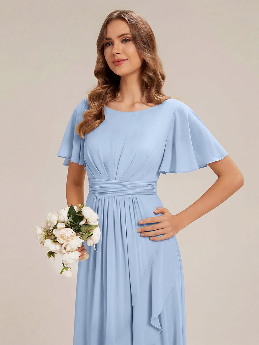 Ruched Chiffon Ruffle Sleeve Dress #color_Ice Blue