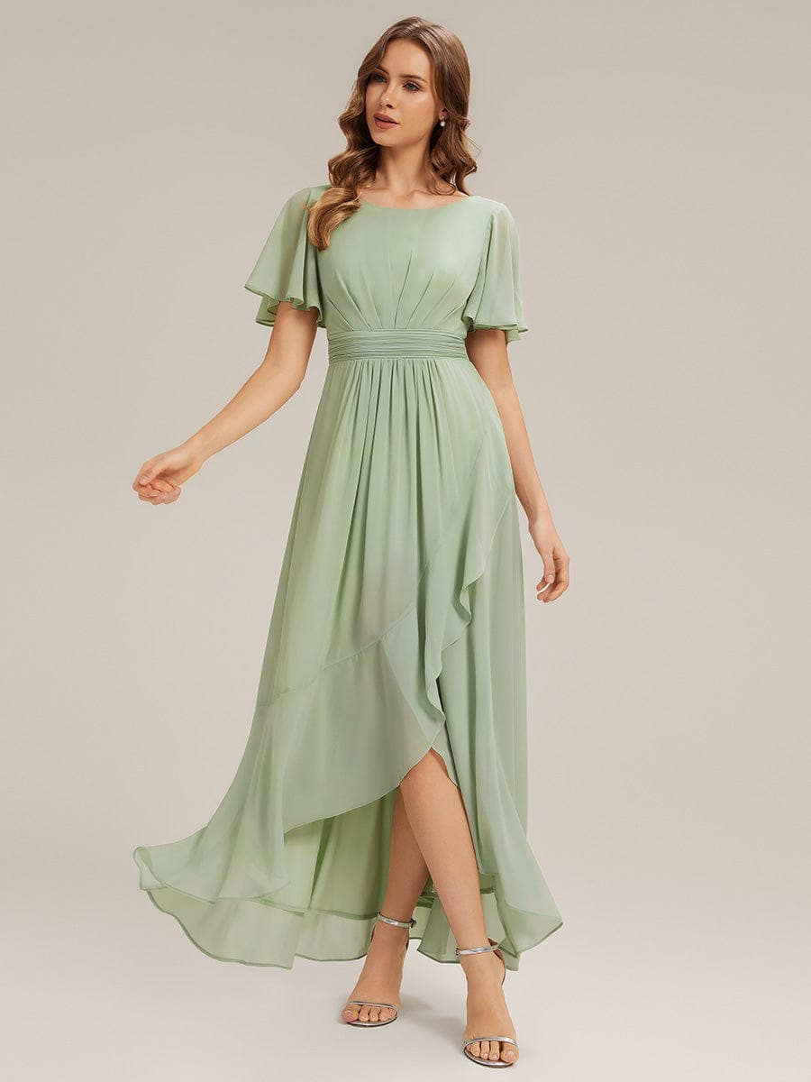 Ruched Chiffon Ruffle Sleeve Dress #color_Mint Green