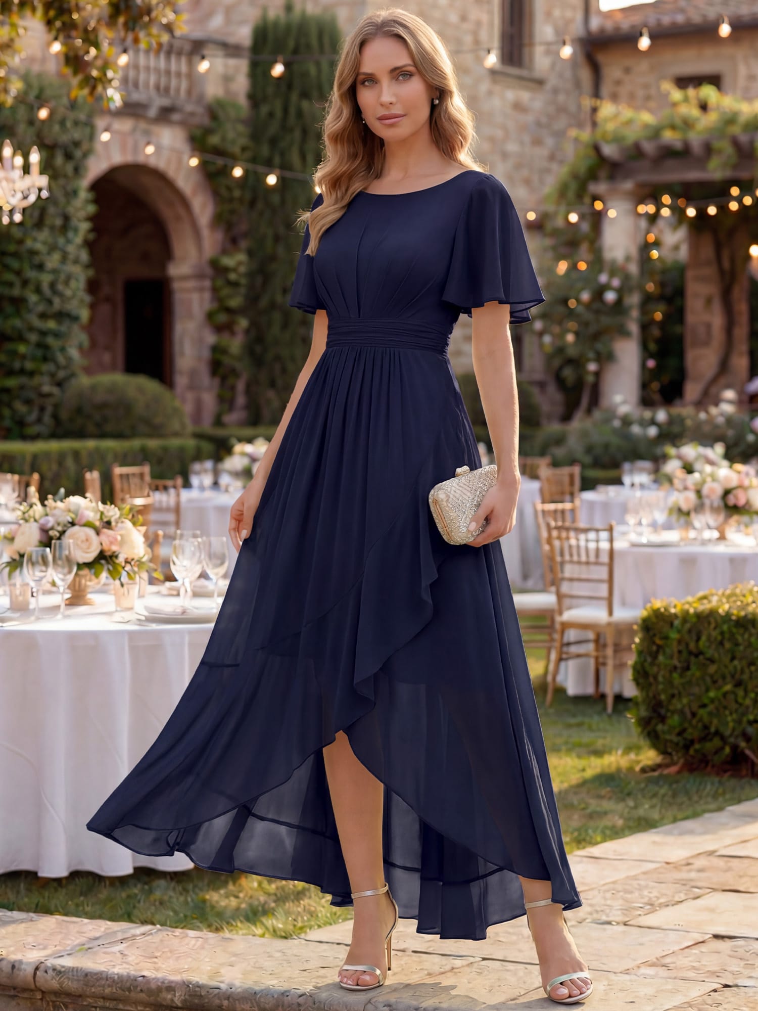 Ruched Chiffon Ruffle Sleeve Dress #color_Navy Blue