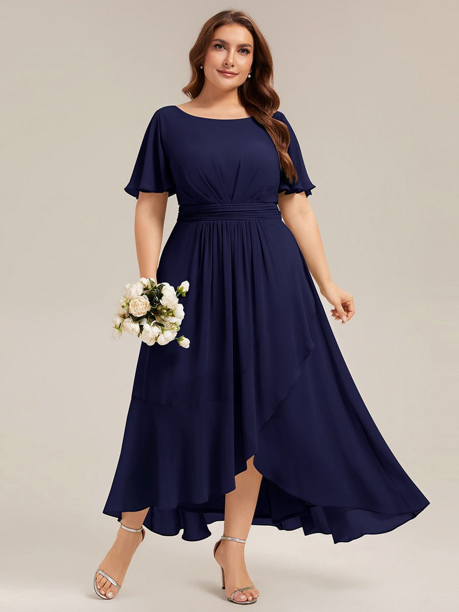 Ruched Chiffon Ruffle Sleeve Dress #color_Navy Blue