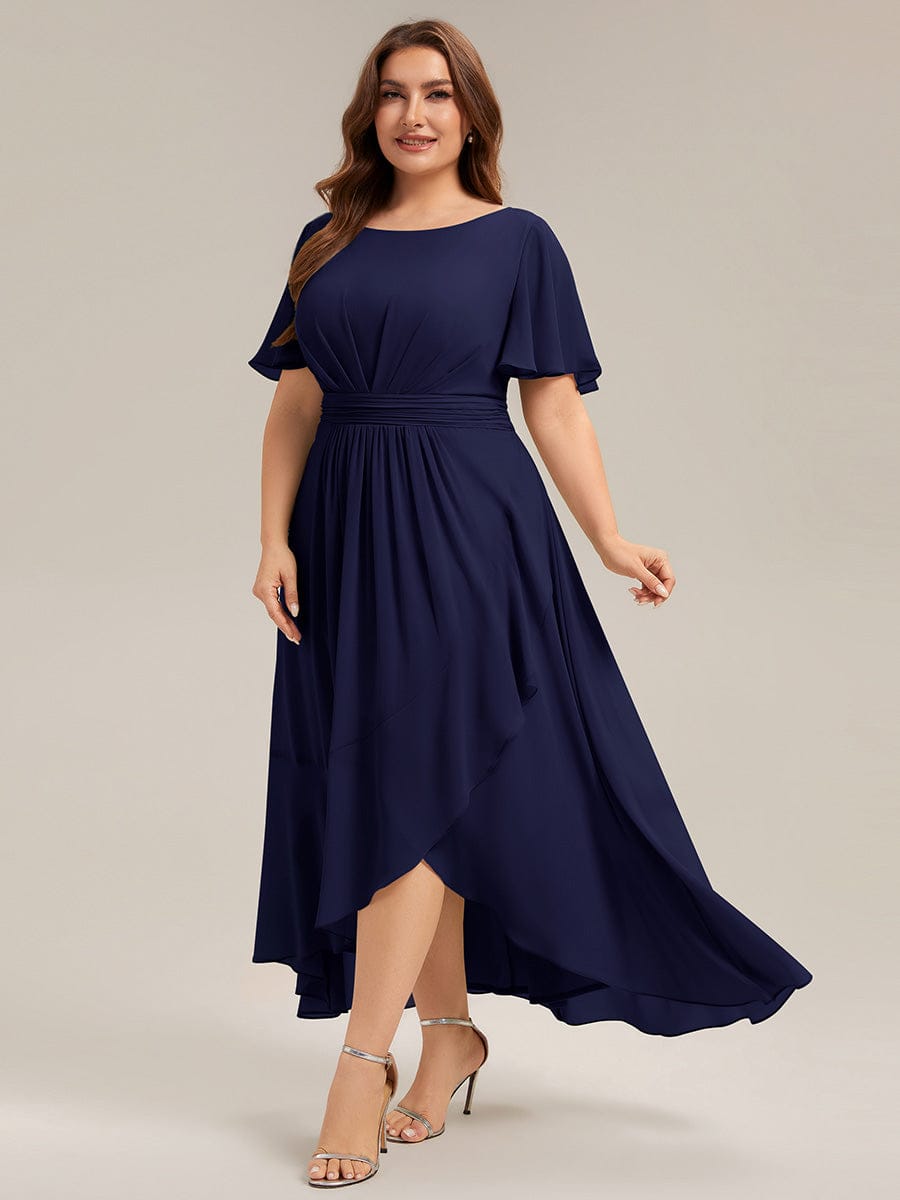 Ruched Chiffon Ruffle Sleeve Dress #color_Navy Blue